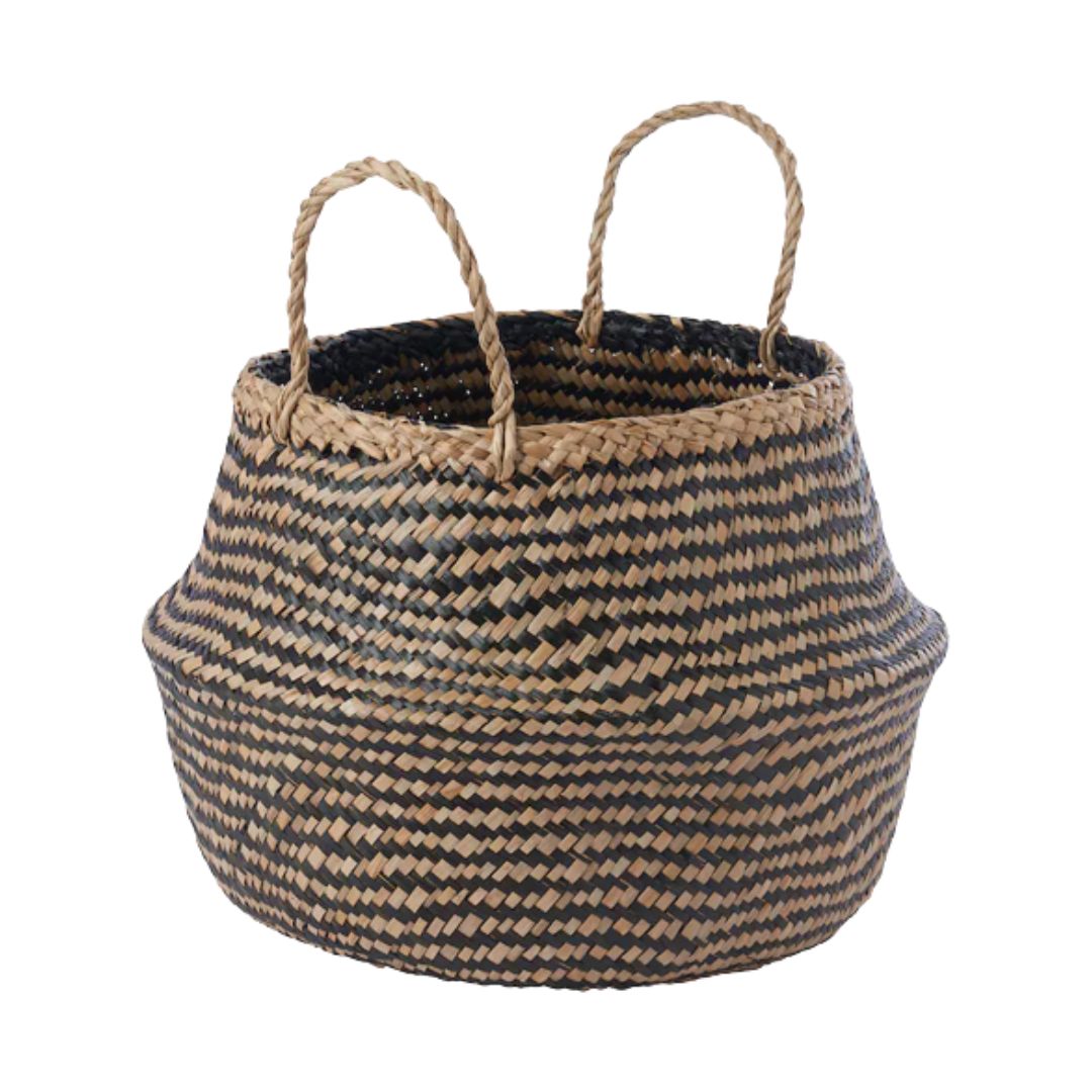 Seagrass Belly Basket, Black and Natural